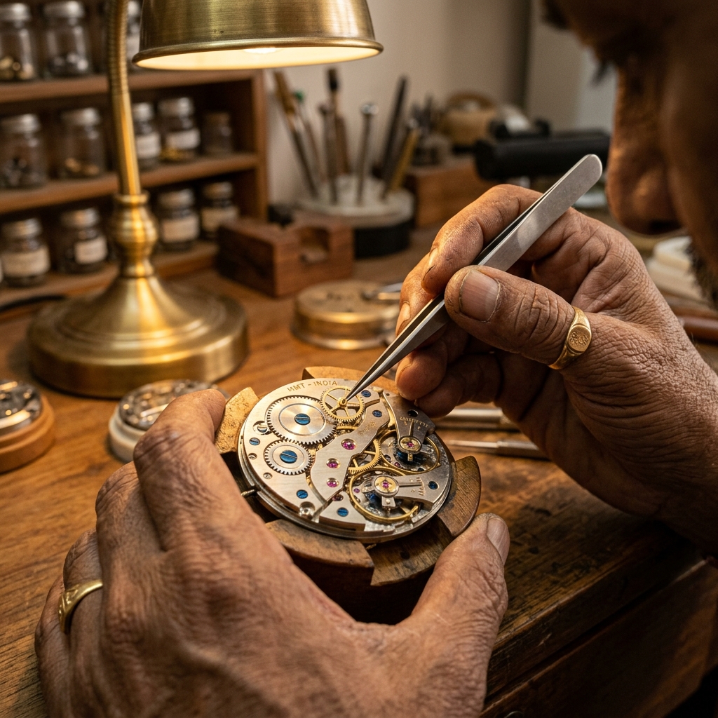 Master watchmaker crafting a Meridian timepiece